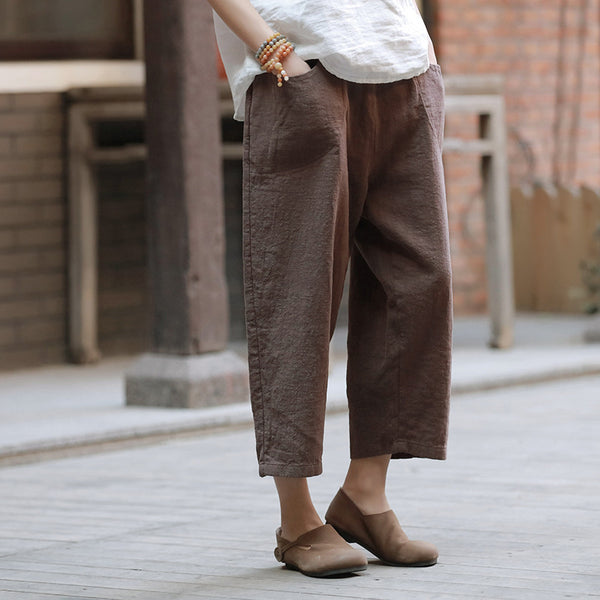 Women Linen and Cotton Casual Loose Cropped Pants