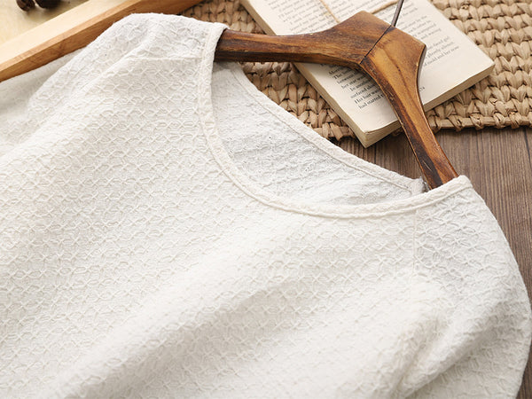 Simple Linen and Cotton Round Neckline Textured Long Sleeved Tops