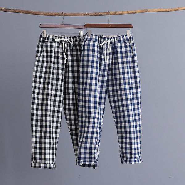 Women Linen and Cotton Casual Cropped Loose Plaid Small Leg Pants