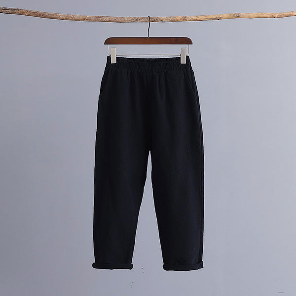 Women Water-washed Linen and Cotton Casual Straight Cropped Pants