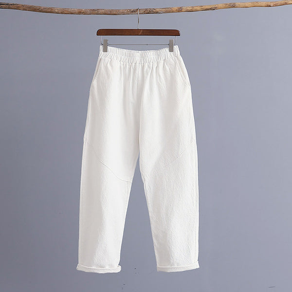 Women Water-washed Linen and Cotton Casual Straight Cropped Pants