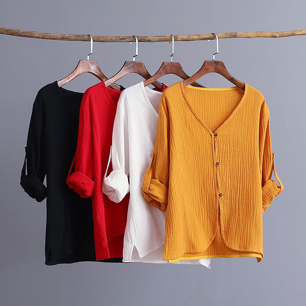 Asian Style Women Long Sleeve Linen and Cotton Cropped Cardigan Blouses