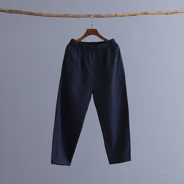 Women Linen and Cotton Casual Pure Color Cropped Peg-top Pants