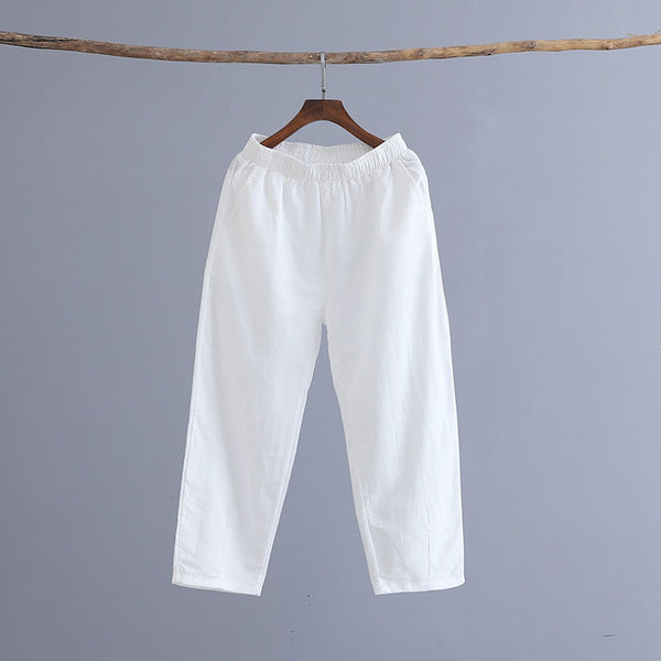 Women Linen and Cotton Casual Pure Color Cropped Peg-top Pants