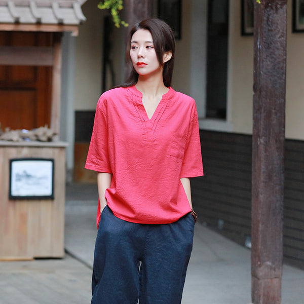 Simple Pure Color Retro Style Women Half Sleeve Linen and Cotton V Neckline T-shirt