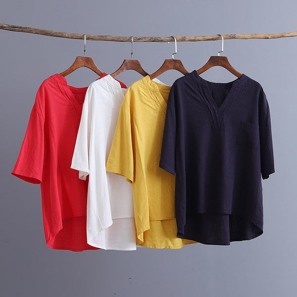 Simple Pure Color Retro Style Women Half Sleeve Linen and Cotton V Neckline T-shirt