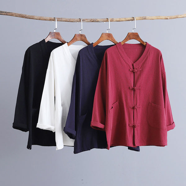 Pure Color New Asian Style Women Long Sleeve Linen Cropped Cardigan Blouses