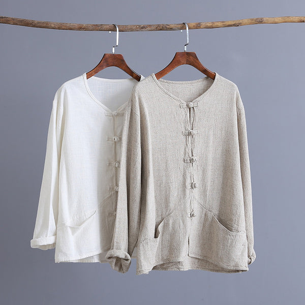 Pure Color Asian Style Women Long Sleeve Linen Cropped Cardigan Blouses