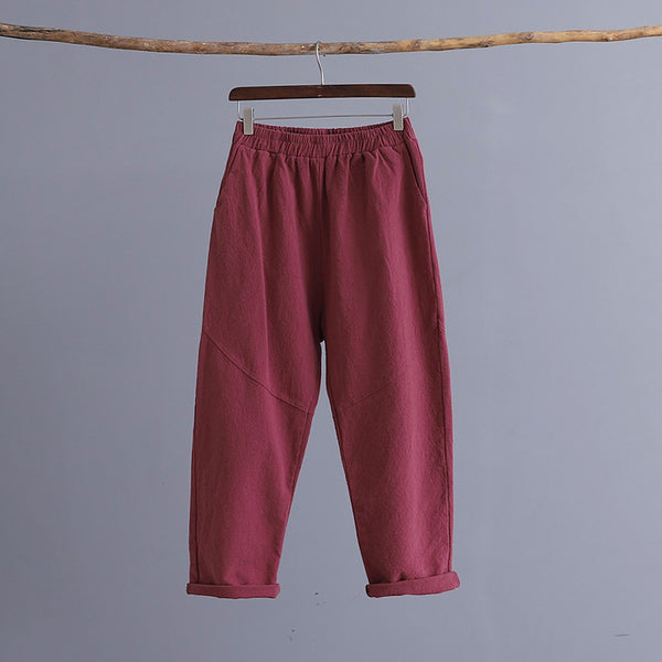 Women Water-washed Linen and Cotton Casual Straight Cropped Pants