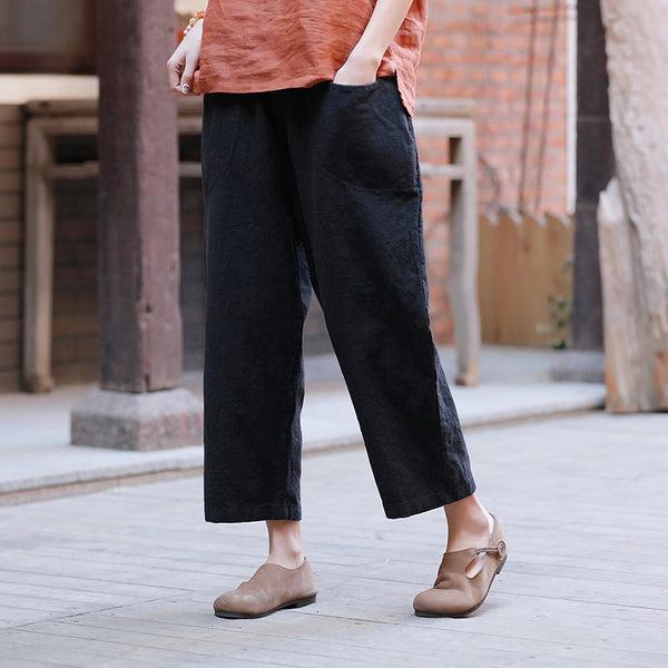 Women Linen and Cotton Casual Loose Cropped Pants