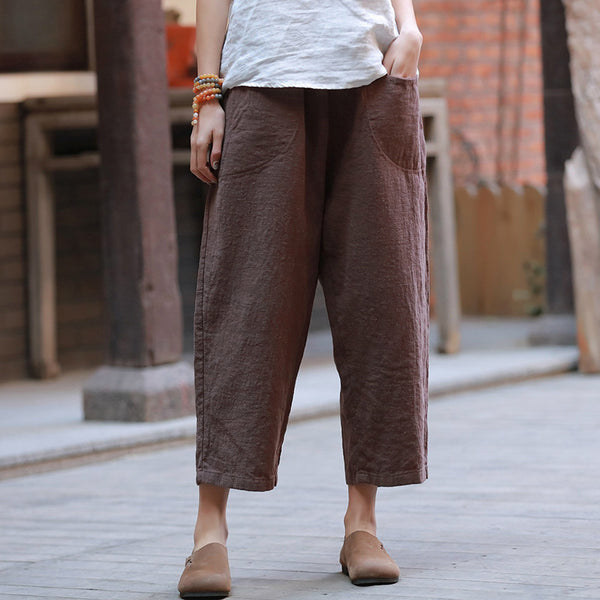 Women Linen and Cotton Casual Loose Cropped Pants