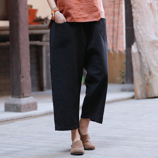 Women Linen and Cotton Casual Loose Cropped Pants