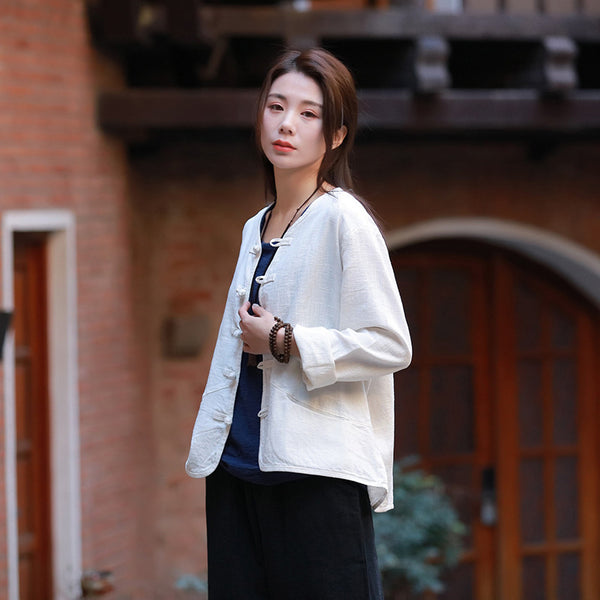 Pure Color Asian Style Women Long Sleeve Linen Cropped Cardigan Blouses