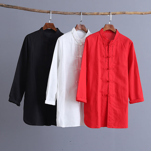 Pure Color New Asian Style Women Long Sleeve Linen and Cotton Cardigan Blouses