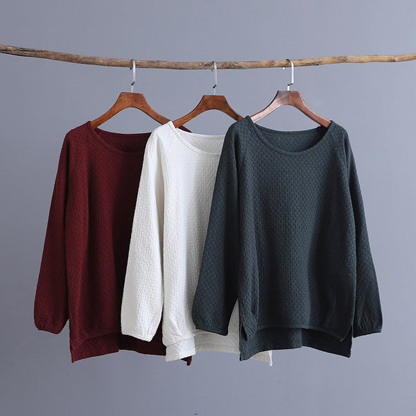 Simple Linen and Cotton Round Neckline Textured Long Sleeved Tops