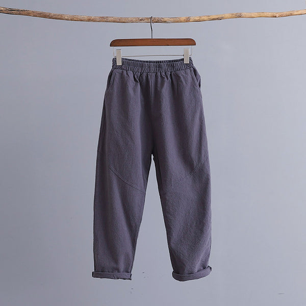 Women Water-washed Linen and Cotton Casual Straight Cropped Pants