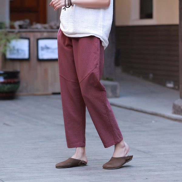 Women Water-washed Linen and Cotton Casual Straight Cropped Pants