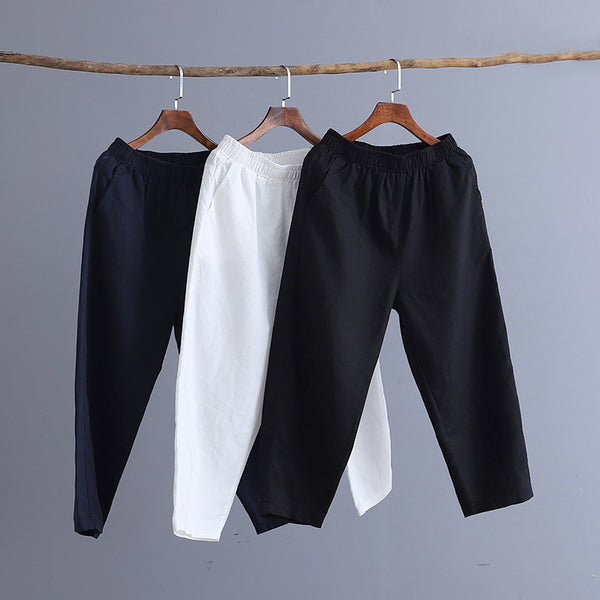 Women Linen and Cotton Casual Pure Color Cropped Peg-top Pants