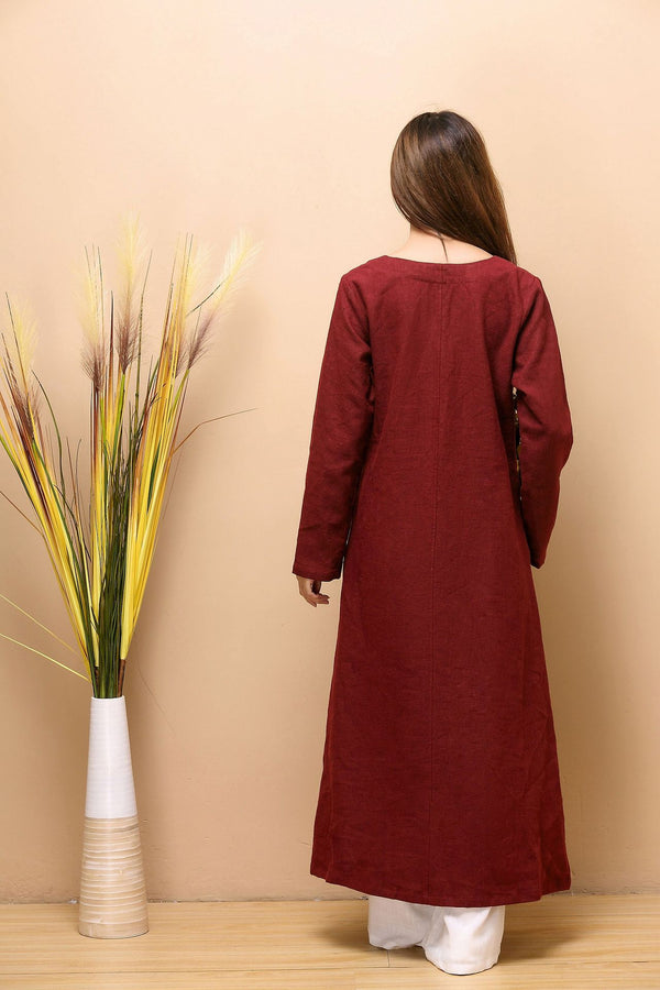 Women Simple Pure Color Hanfu Type Linen and Cotton Tea Length Dress