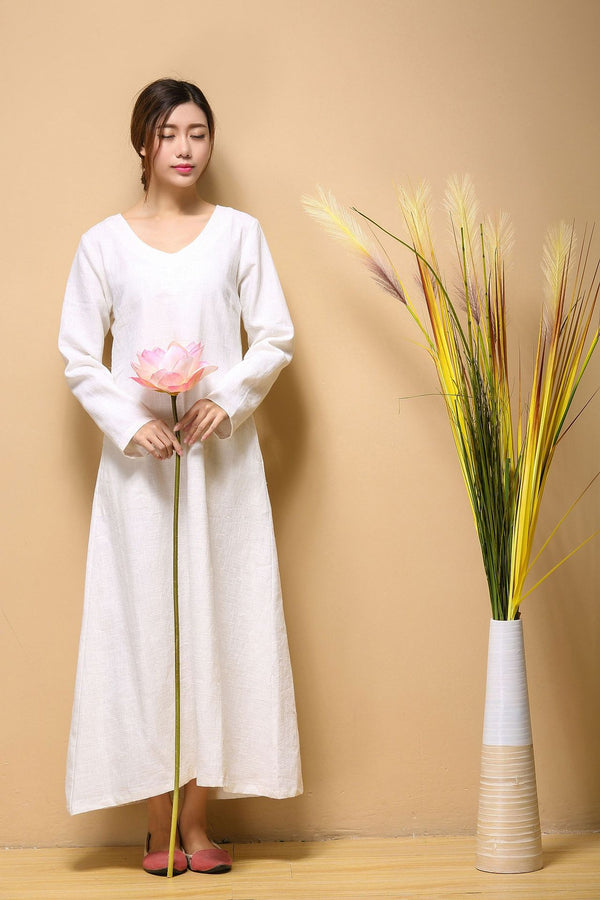 Women Simple Pure Color Hanfu Type Linen and Cotton Tea Length Dress