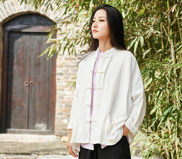 Retro Asian Style Linen and Cotton Long Sleeve Women Cardigan Blouses