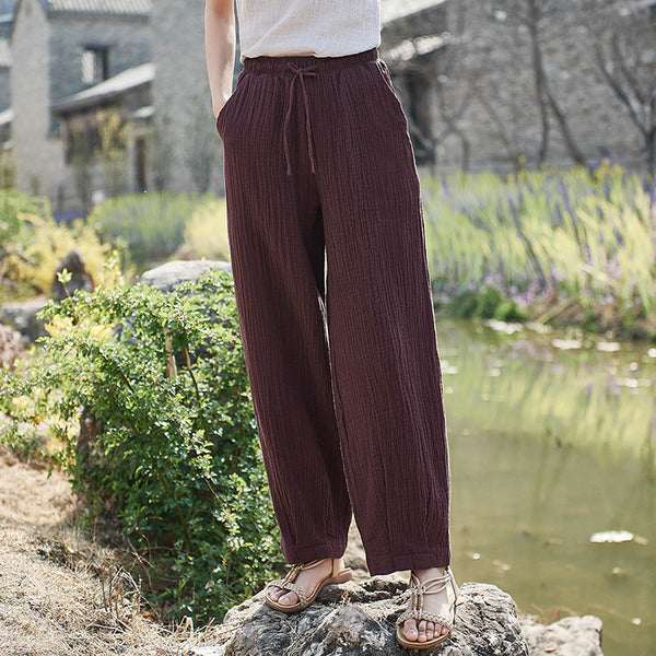 Women Linen and Cotton Retro Loose Style Women Ankle Length Trousers