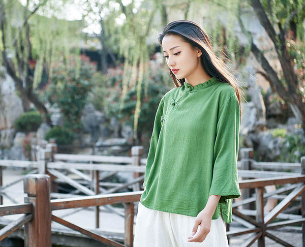 Retro Asian Style Linen and Cotton Pure Color Women 3/4 Sleeve Linen Blouses