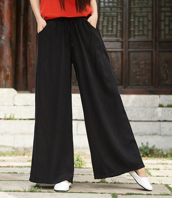 Women Retro Style Linen and Cotton Sand Washed Wide Leg Opening Pants