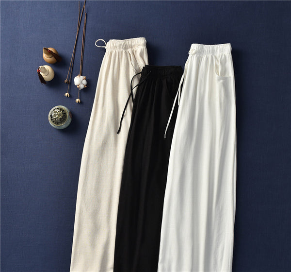 Women Retro Style Linen and Cotton Sand Washed Wide Leg Opening Pants