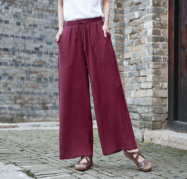 Women Retro Straight Style Linen and Cotton Ankle Length Wide Leg Opening Pants