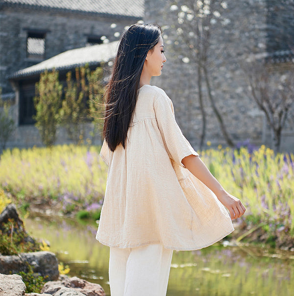 Pure Color Asian Style Women Half Sleeve Linen and Cotton Blouses