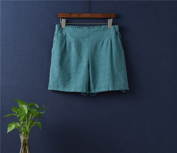 Women Simple Natural Ramie Linen Sand Washed Shorts