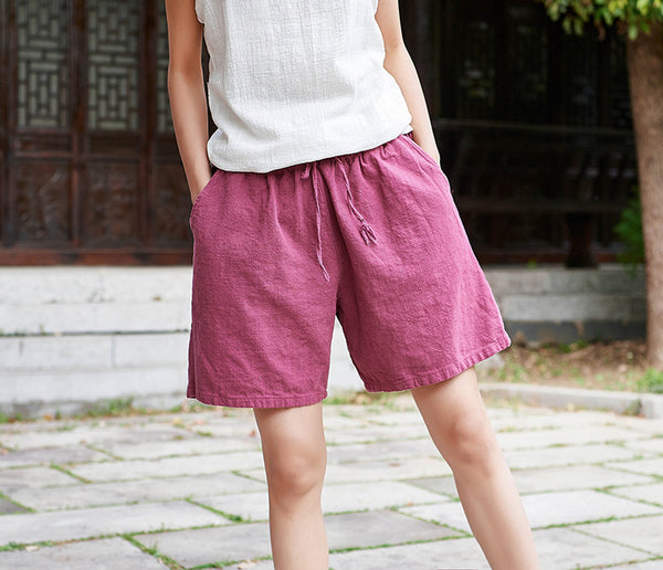 Women Natural Ramie Linen Sand Washed Wide Thigh Opening Shorts