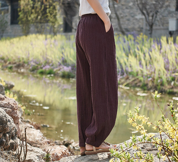 Women Linen and Cotton Retro Loose Style Women Ankle Length Trousers