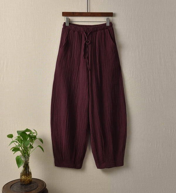 Women Linen and Cotton Retro Loose Style Women Ankle Length Trousers