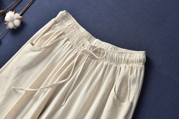 Women Retro Style Linen and Cotton Sand Washed Wide Leg Opening Pants