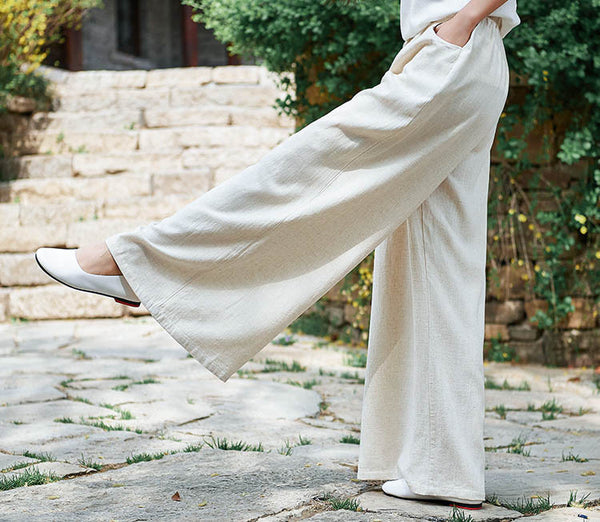 Women Retro Style Linen and Cotton Sand Washed Wide Leg Opening Pants