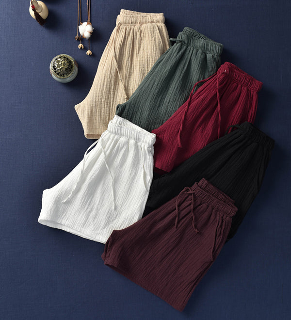 Simple Women Wrinkle Linen and Cotton Wide Thigh Opening Shorts