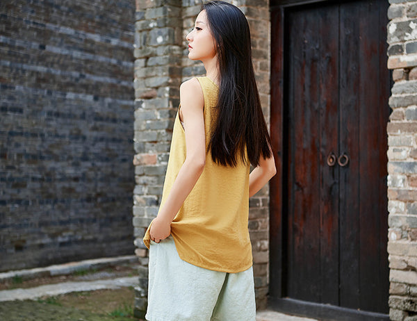 Simple Loose Style Women Pure Color Women Linen and Cotton Tank