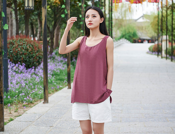 Simple Loose Style Women Pure Color Women Linen and Cotton Tank