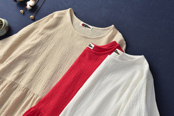 Pure Color Asian Style Women Half Sleeve Linen and Cotton Blouses