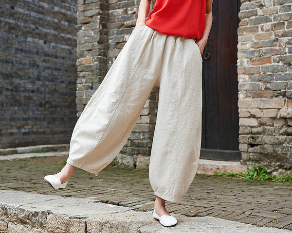 Women Natural Ramie Linen Lantern Cropped Pants