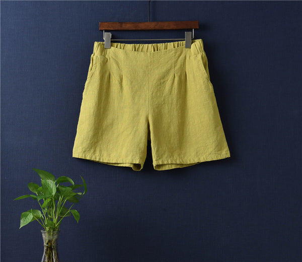 Women Simple Natural Ramie Linen Sand Washed Shorts