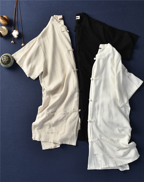 Retro Asian Style Linen and Cotton Women Short Sleeve Cardigan Blouses