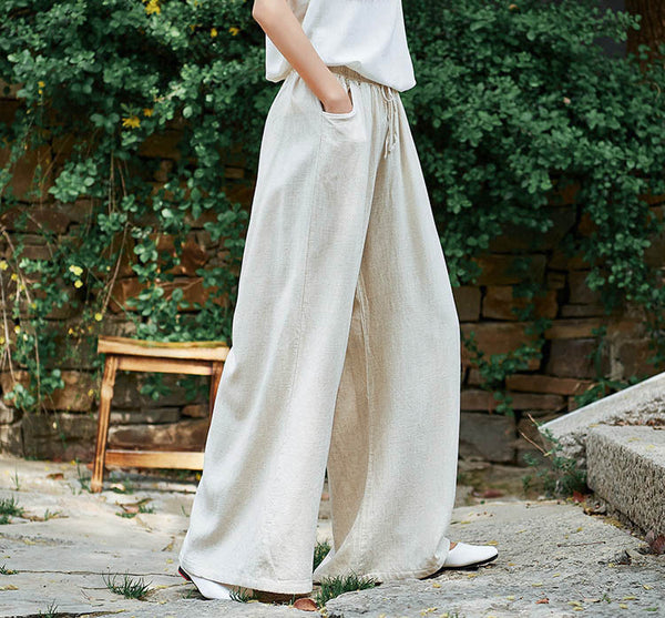 Women Retro Style Linen and Cotton Sand Washed Wide Leg Opening Pants