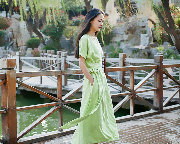 Women Retro Style Causal V-neck Short Sleeve Tea Length Dress