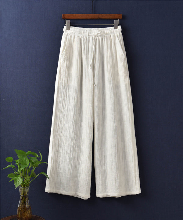 Women Retro Straight Style Linen and Cotton Ankle Length Wide Leg Opening Pants