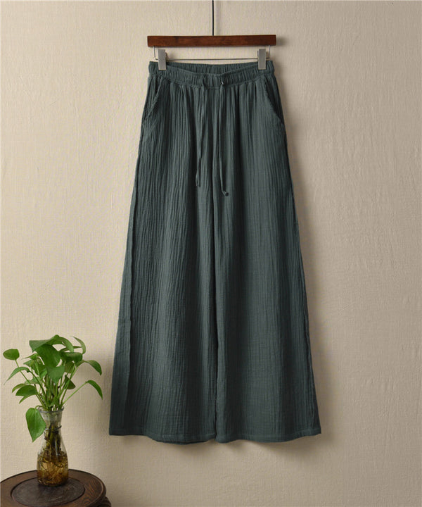 Women Retro Straight Style Linen and Cotton Ankle Length Wide Leg Opening Pants