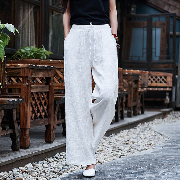 Women Retro Straight Style Linen and Cotton Ankle Length Wide Leg Opening Pants