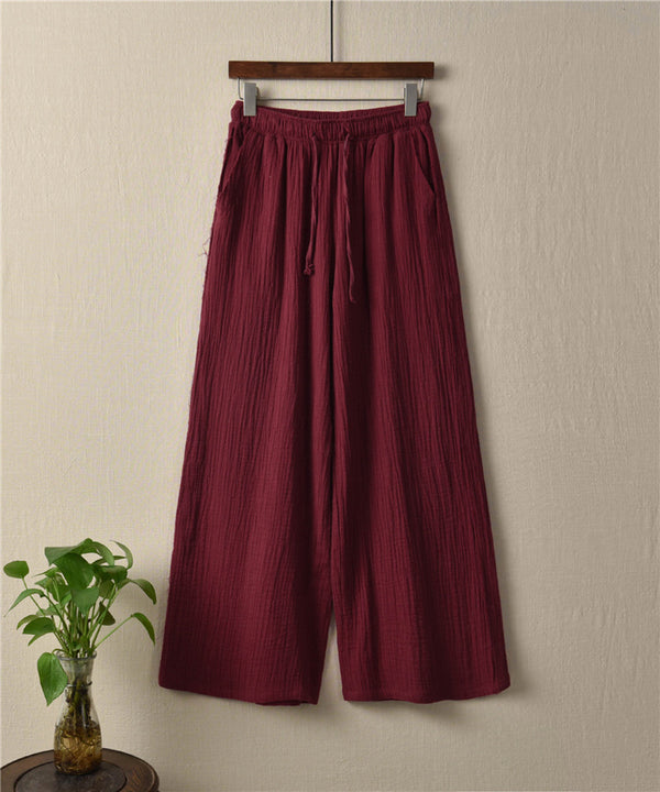 Women Retro Straight Style Linen and Cotton Ankle Length Wide Leg Opening Pants